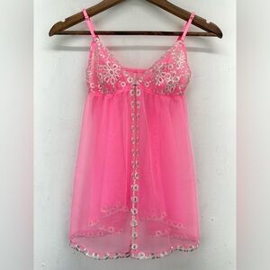 Victoria’s Secret size Small Hot Pink Sheer Mesh Lace Babydoll Chemise Nightie